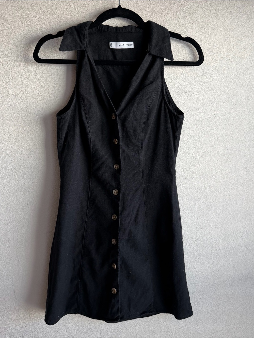 Mango Black Front Button Collar Mini Cotton Blend Dress